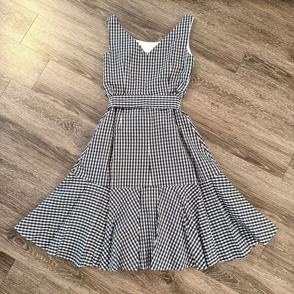 J. Crew Navy Whitw Gingham Belted Midi Dress - Picture 11 of 11